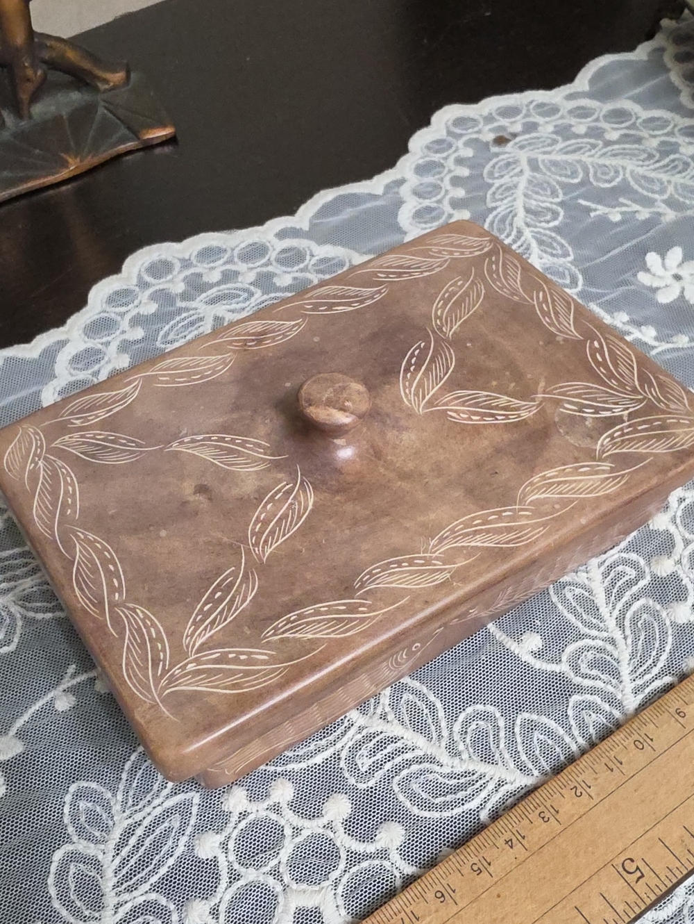 Vtg Heavy Ceramic Decorative Brown Trinket Box with Lid Fish Handcarved Heavy